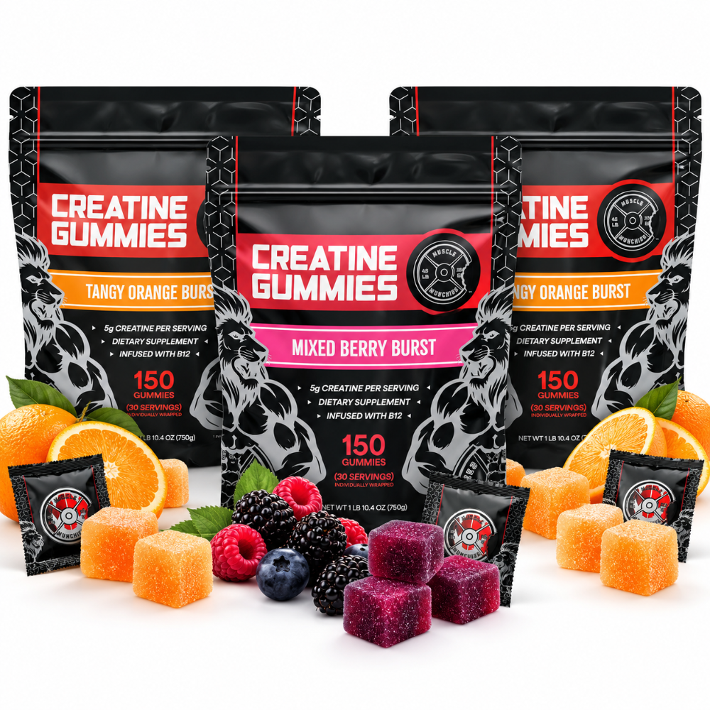 Three stand-up pouches of Creatine Gummies are arranged on a white background with fruit slices and loose gummies in front. The center pouch is labeled 'Mixed Berry Burst' and is most prominent, with two 'Tangy Orange Burst' pouches behind it.